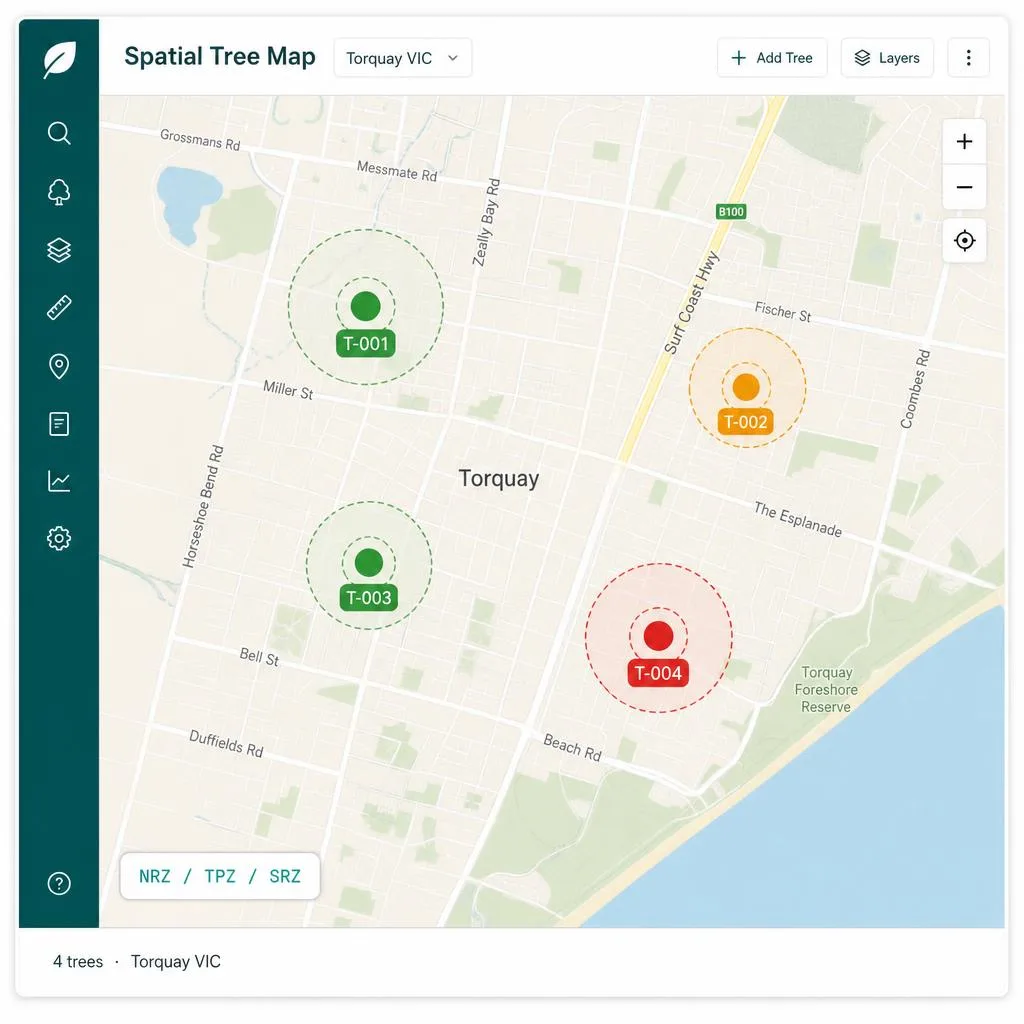 Moonah spatial explorer showing tree protection zones on a site map